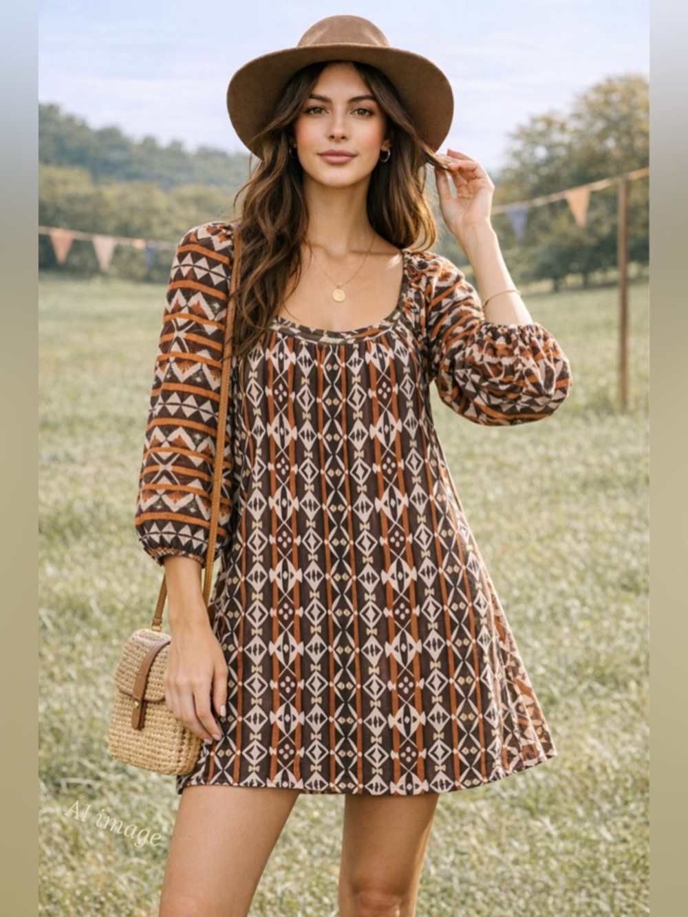 Anthro Maude Boho Mini Dress Tribal Print Puff Sleeve Casual Festival M